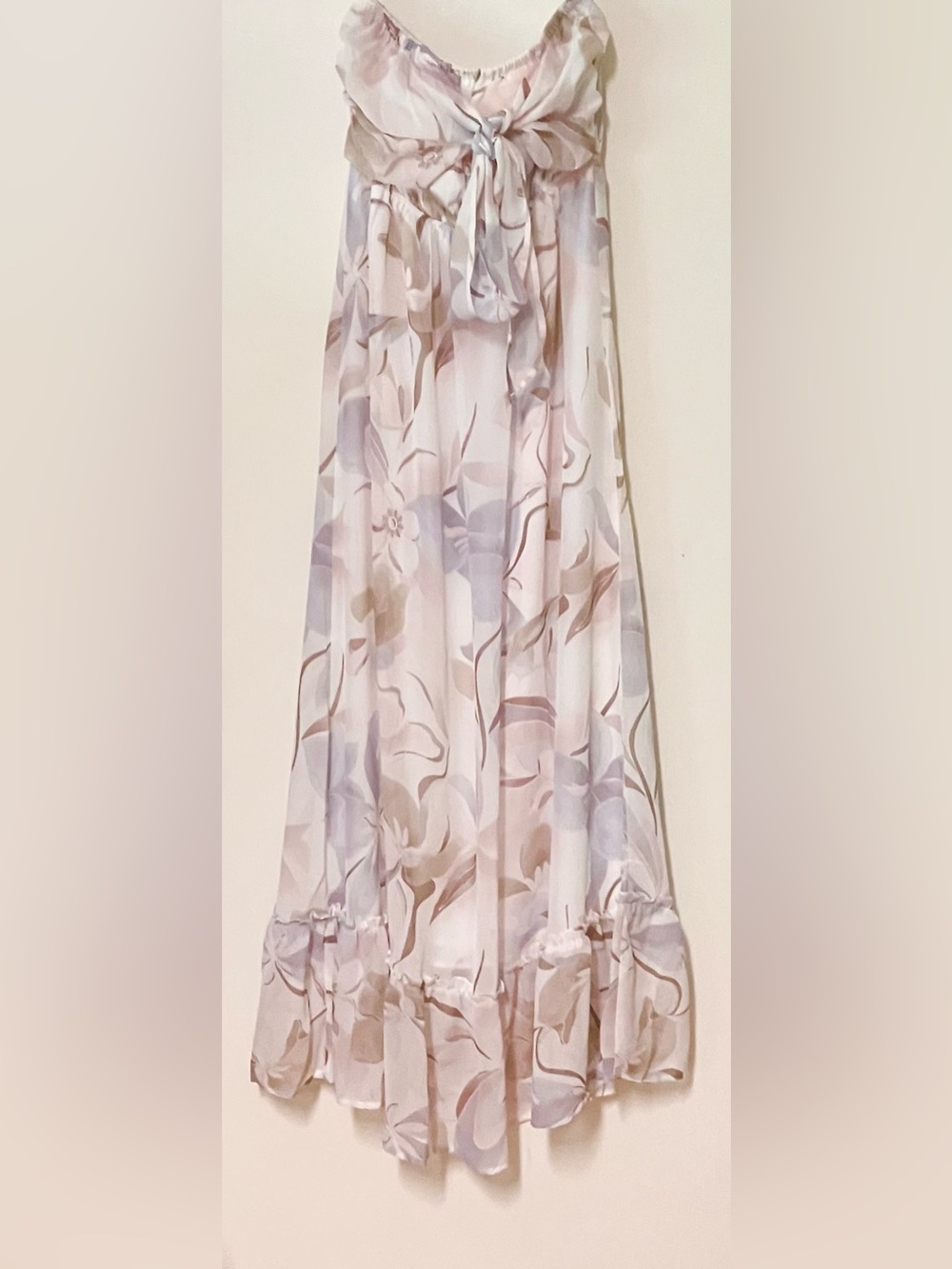White Birch Pastel Abstract Print Strapless Maxi Dress w/ Ruffle Hem: Small - Picture 2 of 5